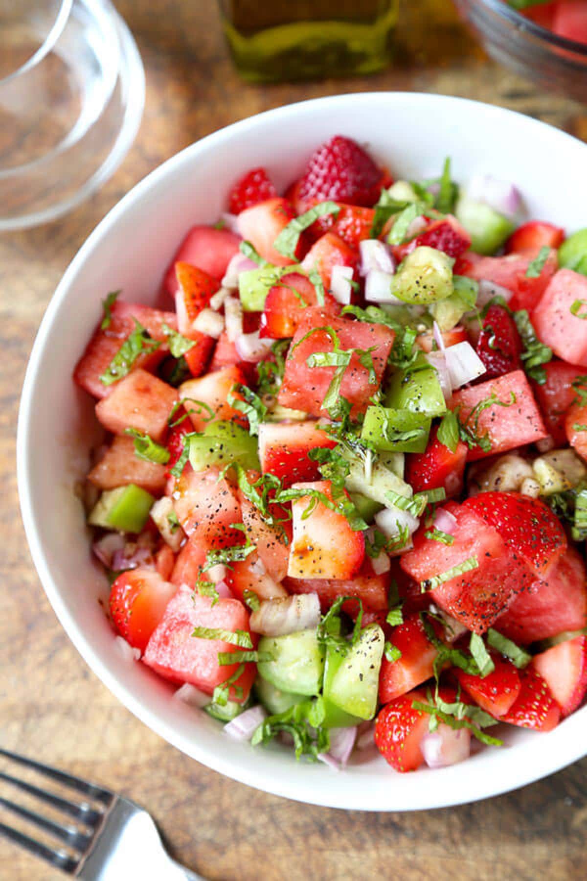 watermelon salad with tomatillos and strawberries